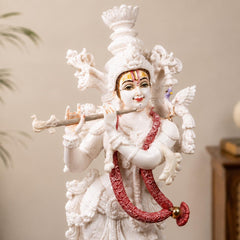 14 Inch Krishna Idol | Ivory Finish Divine Couple Murti, Hindu God Sculpture