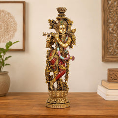 14 Inch Krishna Idol | Ivory Finish Divine Couple Murti, Hindu God Sculpture