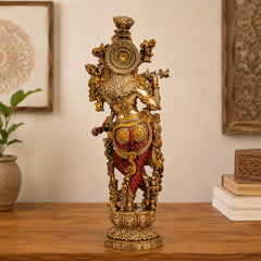 14 Inch Krishna Idol | Ivory Finish Divine Couple Murti, Hindu God Sculpture