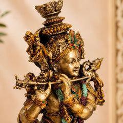 14 Inch Krishna Idol | Ivory Finish Divine Couple Murti, Hindu God Sculpture