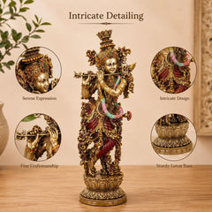 14 Inch Krishna Idol | Ivory Finish Divine Couple Murti, Hindu God Sculpture