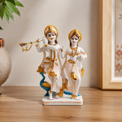 Radha Krishna Resin Idol, White Marble Dust Finish Divine Couple Statue Decor