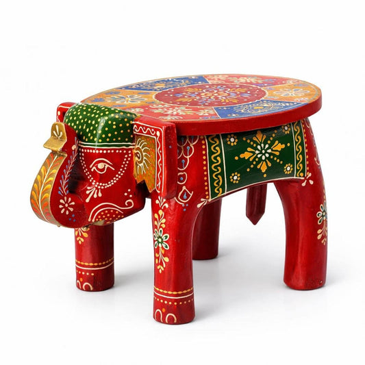 Hand Painted Elephant Side Table, Carved Wooden Boho Decor, Rajasthani Folk Art Plant Stand, Indian Accent Table, Red