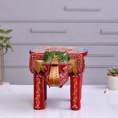 Hand Painted Elephant Side Table, Carved Wooden Boho Decor, Rajasthani Folk Art Plant Stand, Indian Accent Table, Red