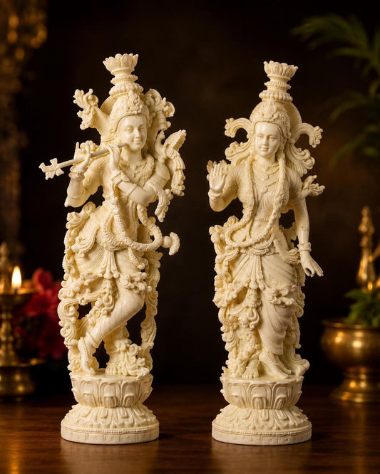 Radha Krishna Resin Idol, Ivory Marble Finish Divine Couple Statue Decor