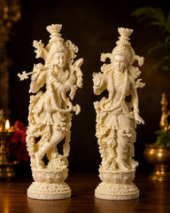 Radha Krishna Resin Idol, Antique Golden Hand Painted Marble Finish Divine Couple Statue Decor
