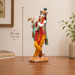 Handcrafted Resin Lord Krishna Idol with Flute, 10 Inch Hindu God Statue for Temple
