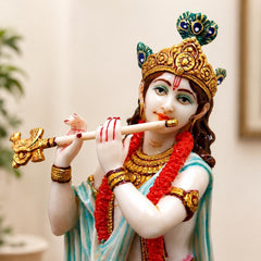 Handcrafted Resin Lord Krishna Idol with Flute, 10 Inch Hindu God Statue for Temple