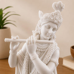 White Resin Krishna Statue with Flute, 10 Inch Hindu God Murti for Home Temple
