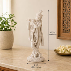 White Resin Krishna Statue with Flute, 10 Inch Hindu God Murti for Home Temple