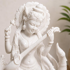 White Marble Finish Saraswati Statue | Goddess of Wisdom Idol, Learning Decor