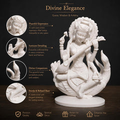 White Marble Finish Saraswati Statue | Goddess of Wisdom Idol, Learning Decor