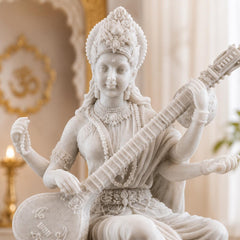 Saraswati Statue Marble Finish with Veena | Goddess of Knowledge Murti | Study Desk Decor