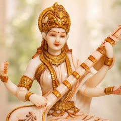 Saraswati Statue Marble Finish with Veena | Goddess of Knowledge Murti | Study Desk Decor
