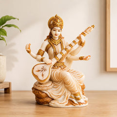 Saraswati Statue Marble Finish with Veena | Goddess of Knowledge Murti | Study Desk Decor