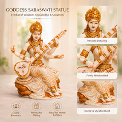 Saraswati Statue Marble Finish with Veena | Goddess of Knowledge Murti | Study Desk Decor