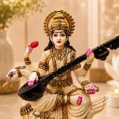 Saraswati Statue Marble Finish with Veena | Goddess of Knowledge Murti | Study Desk Decor