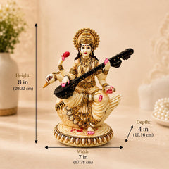 Saraswati Statue Marble Finish with Veena | Goddess of Knowledge Murti | Study Desk Decor