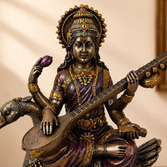 Saraswati Statue Marble Finish with Veena | Goddess of Knowledge Murti | Study Desk Decor
