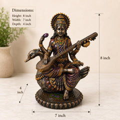 Saraswati Statue Marble Finish with Veena | Goddess of Knowledge Murti | Study Desk Decor