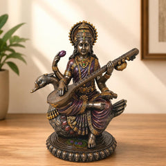 Saraswati Statue Marble Finish with Veena | Goddess of Knowledge Murti | Study Desk Decor