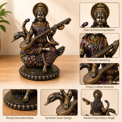 Saraswati Statue Marble Finish with Veena | Goddess of Knowledge Murti | Study Desk Decor