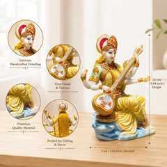 Saraswati Statue Marble Finish with Veena | Goddess of Knowledge Murti | Study Desk Decor