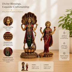 Vishnu Lakshmi Idol, Marble Dust Resin, Copper Finish Statue, Hindu Murti, Temple Decor