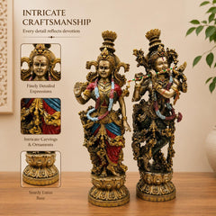 Radha Krishna Resin Idol, Antique Golden Hand Painted Marble Finish Divine Couple Statue Decor