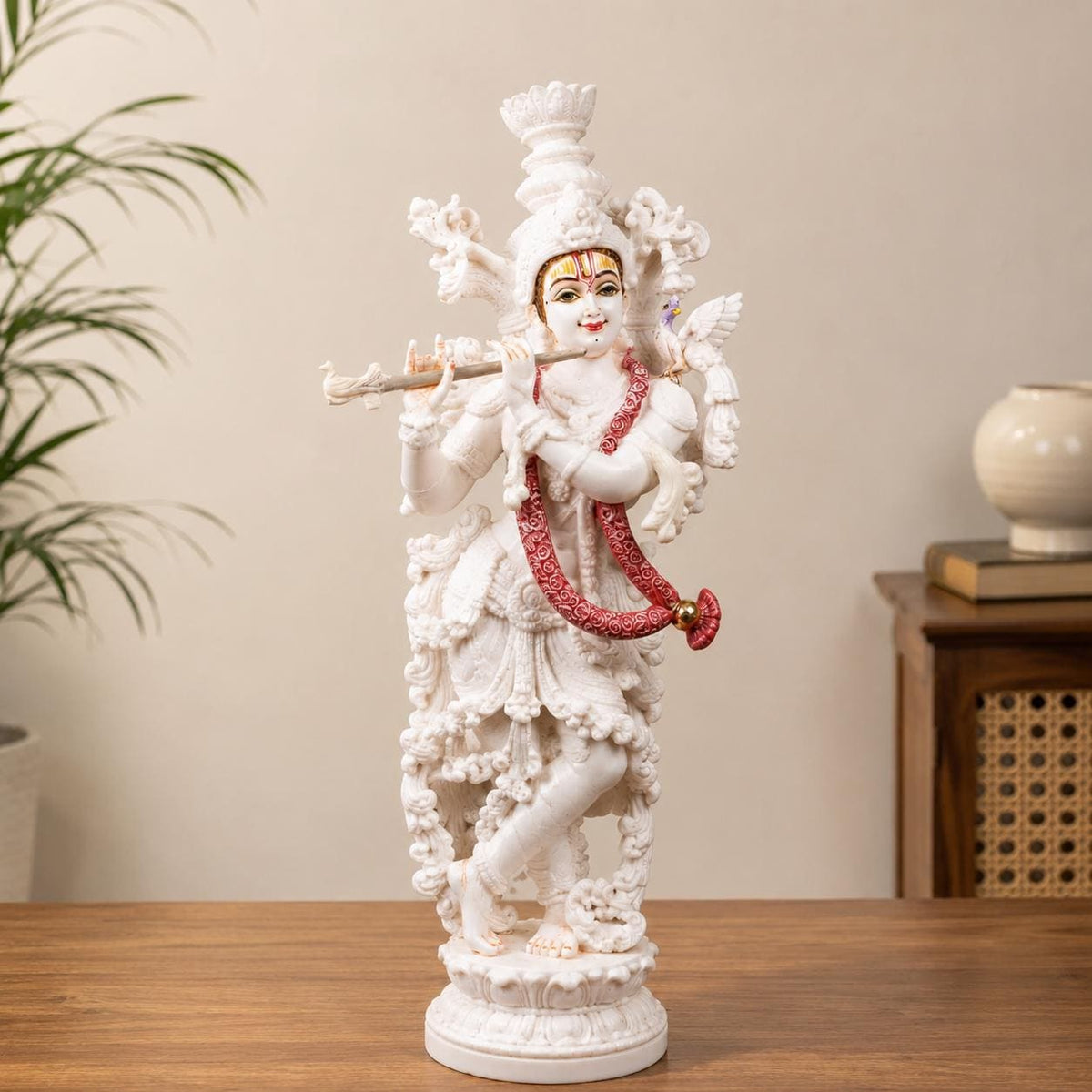 14 Inch Krishna Idol | Ivory Finish Divine Couple Murti, Hindu God Sculpture