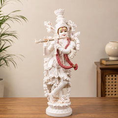 14 Inch Krishna Idol | Ivory Finish Divine Couple Murti, Hindu God Sculpture