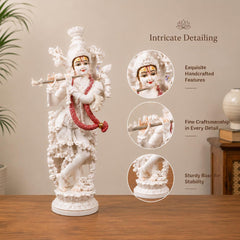 14 Inch Krishna Idol | Ivory Finish Divine Couple Murti, Hindu God Sculpture