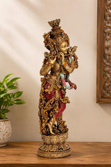 14 Inch Krishna Idol | Ivory Finish Divine Couple Murti, Hindu God Sculpture