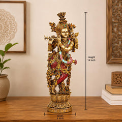 14 Inch Krishna Idol | Ivory Finish Divine Couple Murti, Hindu God Sculpture