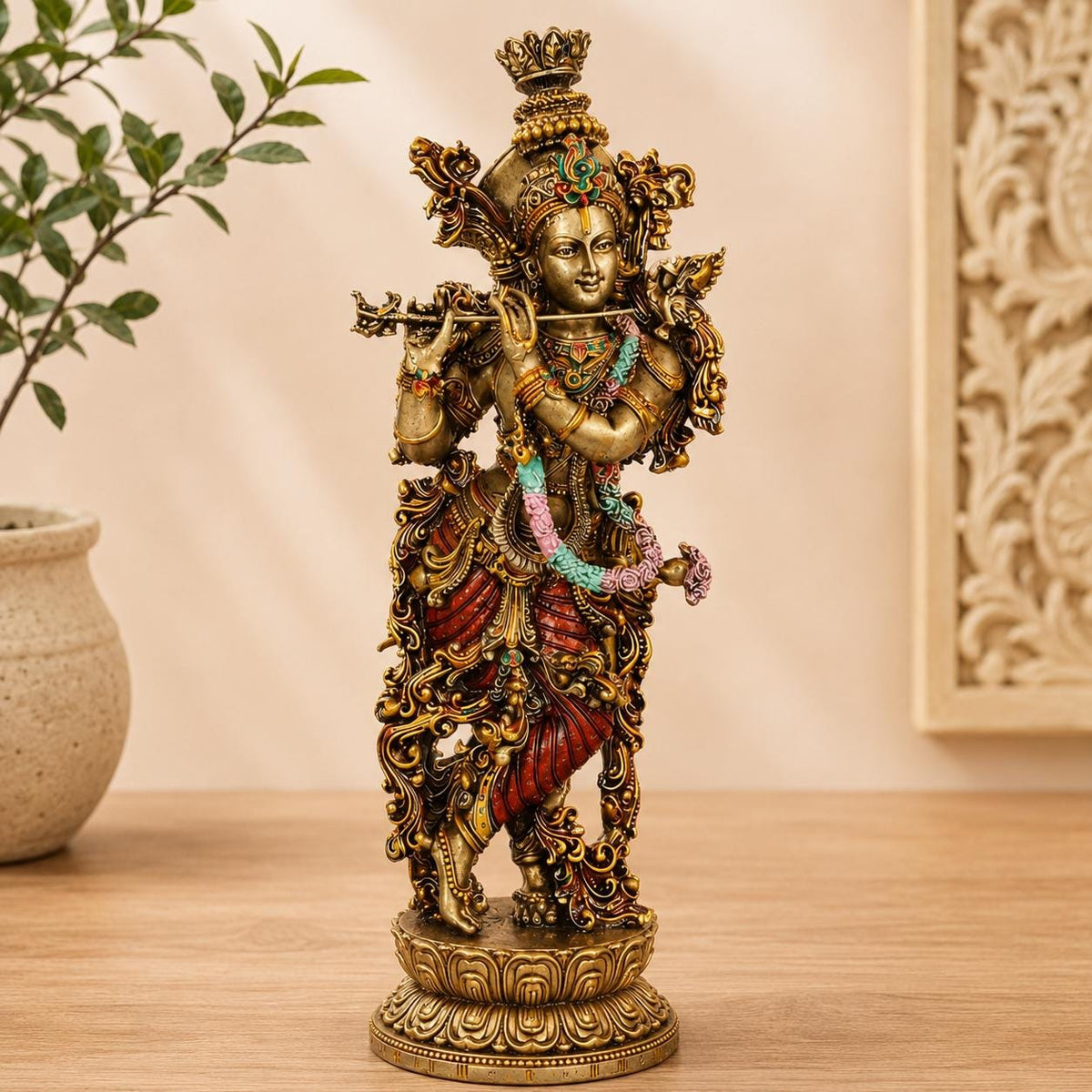 14 Inch Krishna Idol | Ivory Finish Divine Couple Murti, Hindu God Sculpture