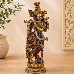 14 Inch Krishna Idol | Ivory Finish Divine Couple Murti, Hindu God Sculpture
