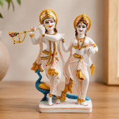 Radha Krishna Resin Idol, White Marble Dust Finish Divine Couple Statue Decor