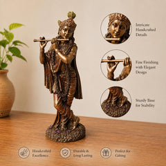 Handcrafted Lord Krishna Flute Statue, Antique Bronze Resin Idol, Spiritual Home Decor, Hindu Figurine