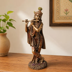 Handcrafted Lord Krishna Flute Statue, Antique Bronze Resin Idol, Spiritual Home Decor, Hindu Figurine