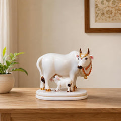 Handcrafted Marble Dust Cow Calf Idol | Hindu Temple Home Decor, Spiritual Figurine
