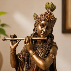Handcrafted Lord Krishna Flute Statue, Antique Bronze Resin Idol, Spiritual Home Decor, Hindu Figurine