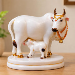 Handcrafted Marble Dust Cow Calf Idol | Hindu Temple Home Decor, Spiritual Figurine