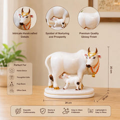 Handcrafted Marble Dust Cow Calf Idol | Hindu Temple Home Decor, Spiritual Figurine
