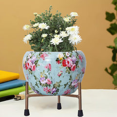 Aqua Green Decorative Pot With Stand For Indoor Plants Rust Free Metal Plant Pots For Living Room, Balcony And Garden