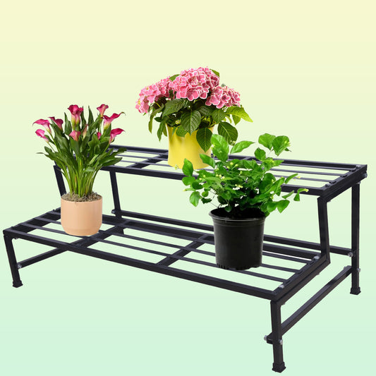 Black 2 Step Stand For Multiple Plants And Pots Stand,  Indoor Shelf Holder Rack, Gardening Stand, Indoor Outdoor (Black)