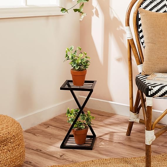 Black Z Shape Plant Stand/Flower Shelf For Garden/Balcony/ Corner Display/Double Decker Window Planted Stand, Black