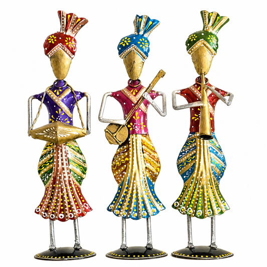 Metal Rajasthani Standing Men Musician Set of 3 for Table Top Decor Decorative Showpiece for Home|Office|Gift Item