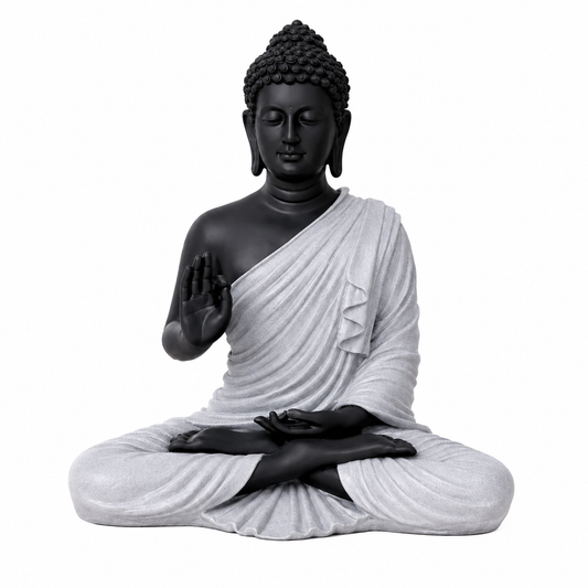 Buddha Statue 15 Inch, Abhaya Mudra Zen Sculpture, Resin Meditation Decor, Black Grey Finish, Yoga Room Housewarming Gift