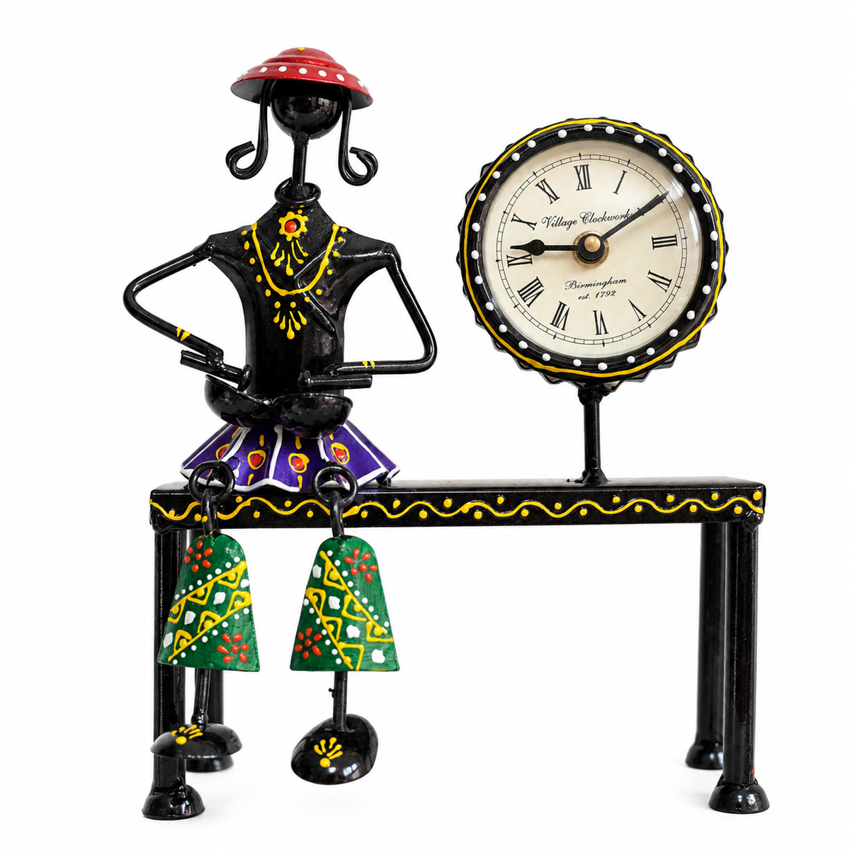 Handmade Metal Lady Musician Clock | Folk Art Boho Desk Decor, Black Finish