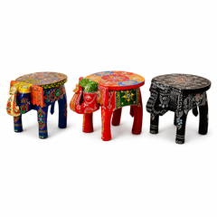 Hand Painted Elephant Side Table, Carved Wooden Boho Decor, Rajasthani Folk Art Plant Stand, Indian Accent Table, 3 Colours